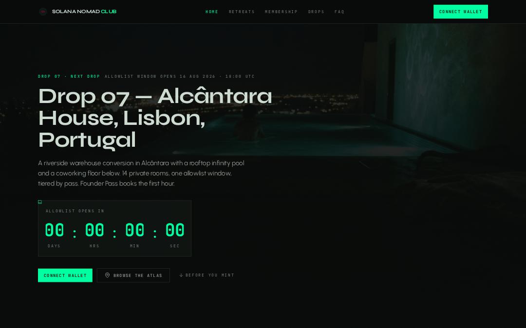 Front page of factory-solana-nomad-club-a-memb